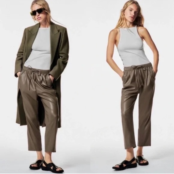 Zara The Weekend taupe Faux leather Mid Rise ankle pant, L, PG1434 - Picture 2 of 6